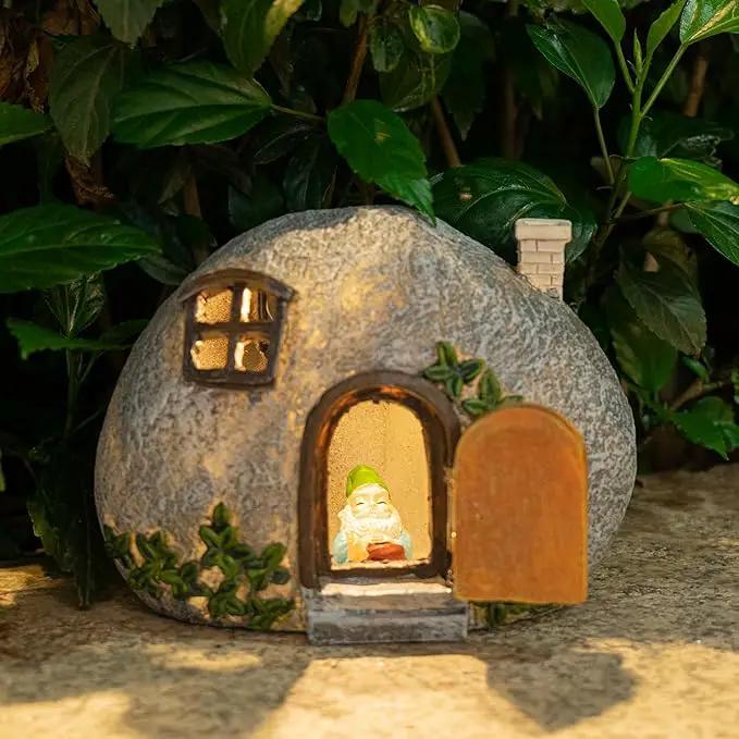 mopha Garden House Statues, Funny Gnomes Fairy Garden Lights Figurine,Mini Gnome Resin Solar Powered Outdoor Decor Patio Yard Lawn Ornament Decoration by GreenHaven Gardens