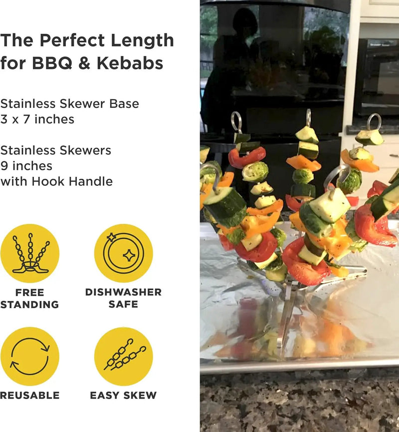 O-Yaki Flat Metal Kabob Skewer for Grilling – Set of 9 BBQ Skewers Stainless Steel with Storage Bag, Dishwasher Safe Skewers with Hook Handle & Sharp Tip for Outdoor BBQ, Cookouts & Oven Use – 9 Inch by GreenHaven Gardens