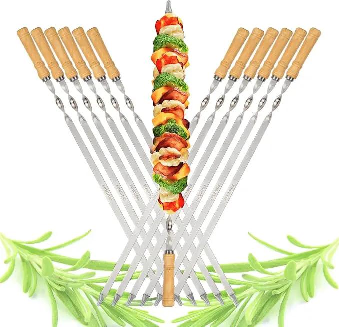 23.6" Large Size Kabob Skewers Flat Metal BBQ Barbecue Skewer Wooden Handle Stainless Steel Shish Kabob Stick Wide Reusable Grilling Set Meat Shrimp Chicken Vegetable Kebab Fork Sausage-12PCS by GreenHaven Gardens