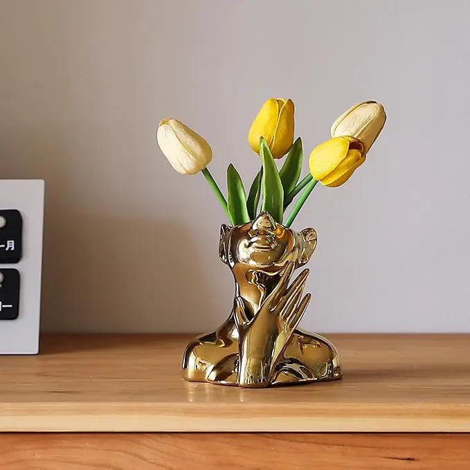 BrownLove Golden Ceramic Face Vase, Modern Golden Decorative Art Vase, Bookshelf Placed On The Desktop, Small Living Room, Office and Bedroom by GreenHaven Gardens