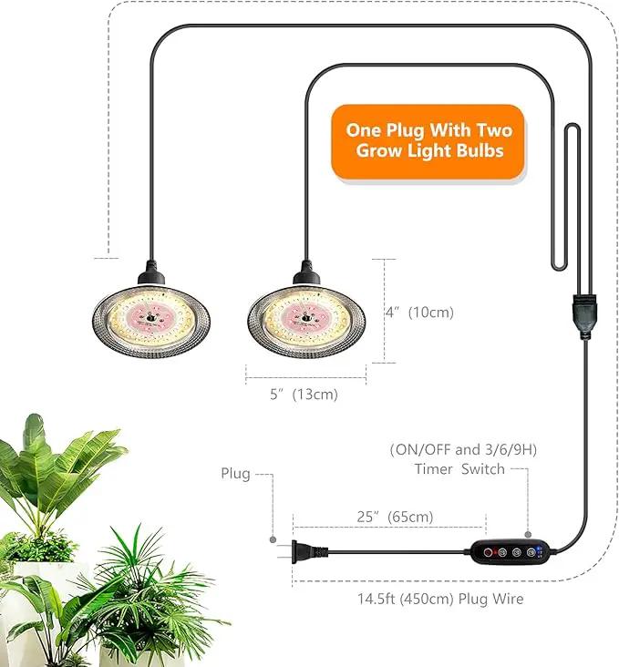 Grow Light Bulbs Indoor Plants Lights Adjustable Cord,Timer, Full Spectrum Plant Growing Lamp for Seedling,Greenhouse,Seedlings (1 Light (14.7ft)) by GreenHaven Gardens