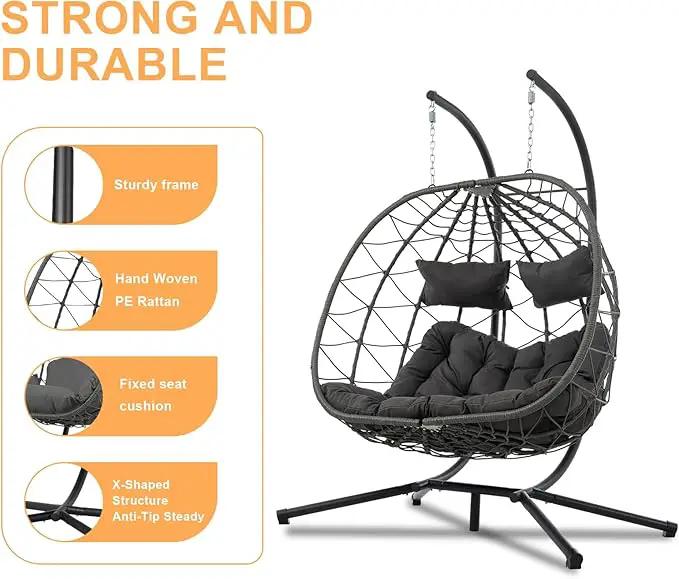 Double Egg Swing Chair with Stand, 2 Person Outdoor Indoor Hammock Hanging Chair with Cushion,Patio Wicker Hanging Egg Chair w/Cushion 700LBS Capacity for Bedroom, Balcony, Garden by GreenHaven Gardens