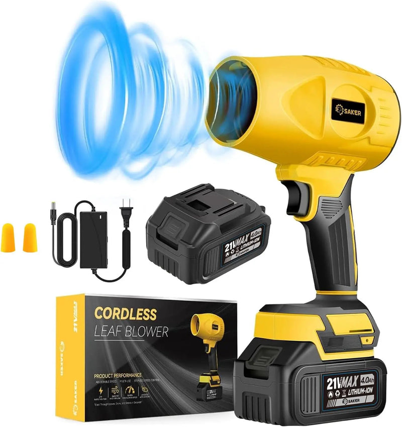 Saker Handheld Cordless Leaf Blower Portable Dust Cleaner 180000 RPM Compressed Air Duster with Adjustable Speed for Drying Patio Cleaning Camping 2 x 4.0Ah Battery Yellow by GreenHaven Gardens
