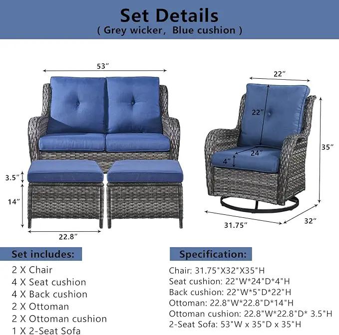 5 Piece Outdoor Patio Furniture Set - Wicker Furniture Patio Conversation Set, Outdoor Swivel Rocker Chairs with Loveseat Sofa and 2 Ottomans for Small Space, Blue Cushion by GreenHaven Gardens