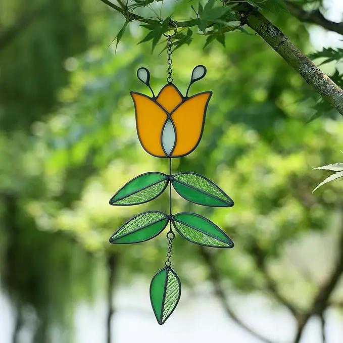 Tulip Stained Glass Suncatcher, Valentines Day Gifts, Folk Flower Stained Glass Window Hanging Sun Catcher, Retro Home Decor, Window Decorations for Plant Lovers, 9.4" x 4.7" by GreenHaven Gardens
