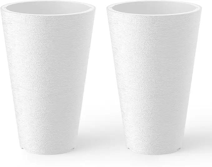 Kante Tall Round Planter Set of 2, 13 Inch Tall Decorative Planter Pots for Outdoor Indoor Garden Patio Front Porch (White) by GreenHaven Gardens
