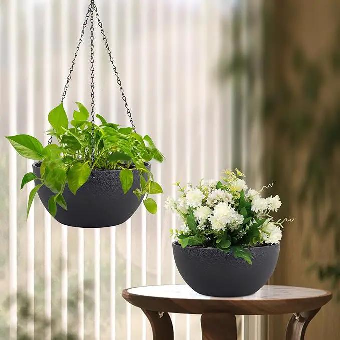 8 inch Small Hanging Planters Plant Pots for Indoor Outdoor Plants, 2 Pack Hanging Flower Pots with Drainage Holes and Chain for Garden Porch, Plastic Hanging Baskets for House Plants, Black by GreenHaven Gardens