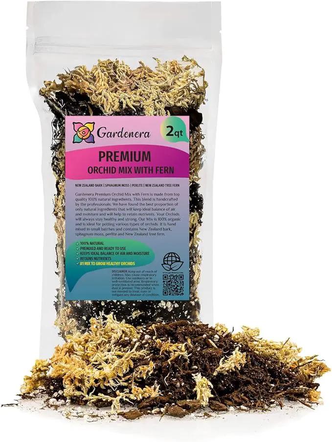 Premium Orchid Mix by GARDENERA | Fern + New Zealand Pine Bark + Sphagnum Moss + Perlite | Best for Growing and Repotting Orchids - 2 Quart Bag by GreenHaven Gardens