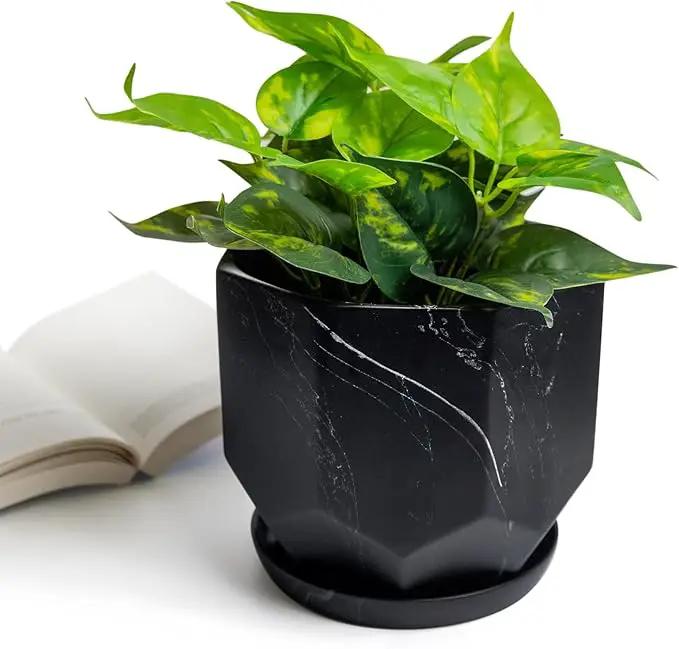 Large Marble Black Plant Pot with Drainage Holes and Saucers, Ceramic Pots for Indoor Outdoor Plants, 7 Inch Premium Hand Glazed Planters for Flower, Garden, Succulent, Nursery, Home Decor by GreenHaven Gardens