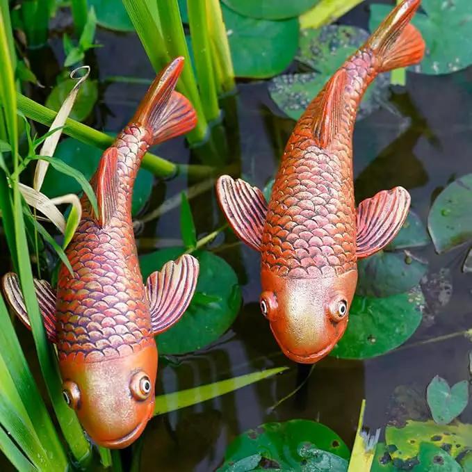 Antique Ceramic Koi Fish Garden Statues - Set of 2 | Exquisite Fish Sculptures for Outdoor, Patio, Pond, and Garden Decorations (Brassy) by GreenHaven Gardens