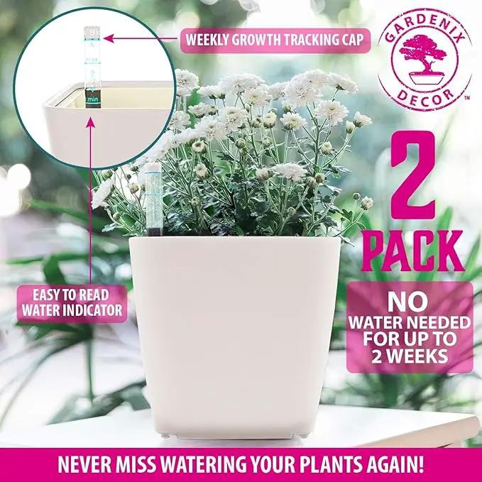 GARDENIX DECOR 5" Self Watering pots for Indoor Plants - Flower Pot with Water Level Indicator for Plants, Grow Tracking Tool - Self Watering Planter Plant Pot – 2 Pack White by GreenHaven Gardens