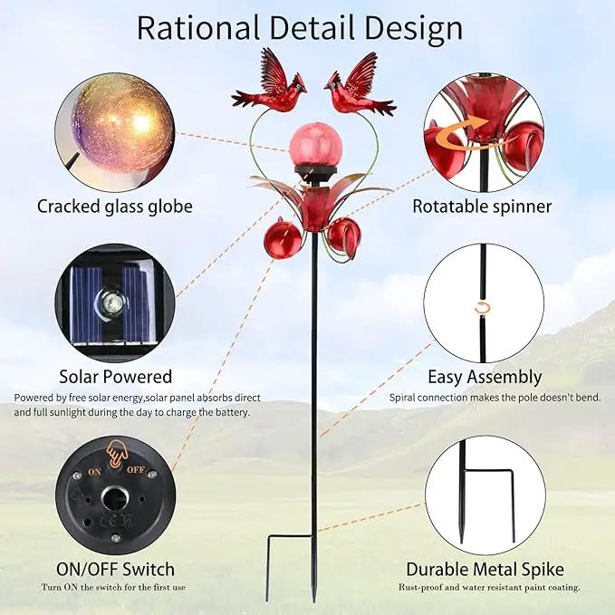 VCUTEKA Cardinal Solar Lights Outdoor Metal Garden Stake Waterproof Crackle Glass Globe Garden Decor Cardinal for Pathway, Lawn, Patio, Yard by GreenHaven Gardens