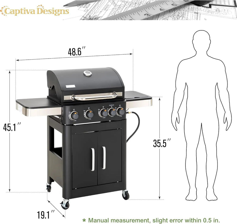 Captiva Designs 4-Burner Propane Gas BBQ Grill with Side Burner & Porcelain-Enameled Cast Iron Grates, 46,700 BTU Output for Outdoor Cooking Kitchen and Patio Backyard Barbecue, Black by GreenHaven Gardens