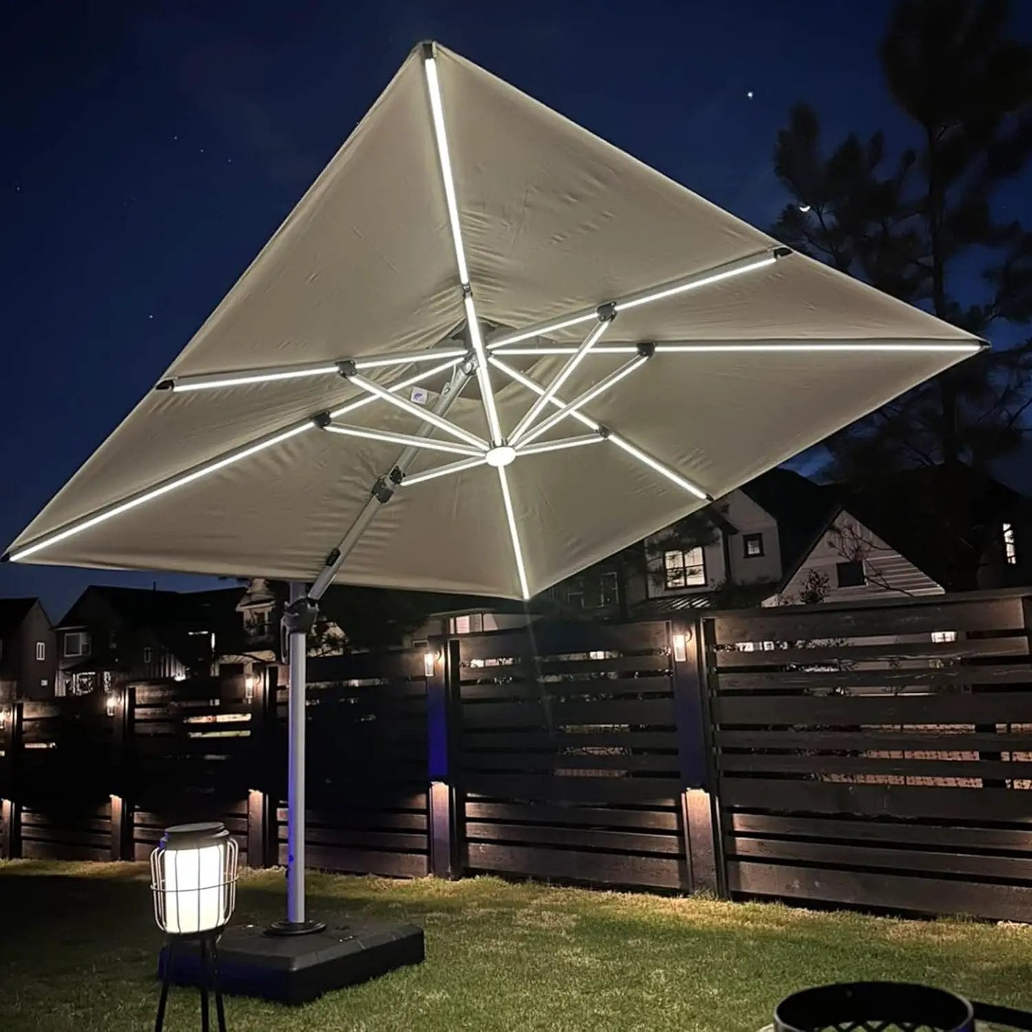 PURPLE LEAF 9' X 12' Double Top Deluxe Solar Powered LED Rectangle Patio Umbrella Offset Hanging Umbrella Outdoor Market Umbrella Garden Umbrella, Beige by GreenHaven Gardens
