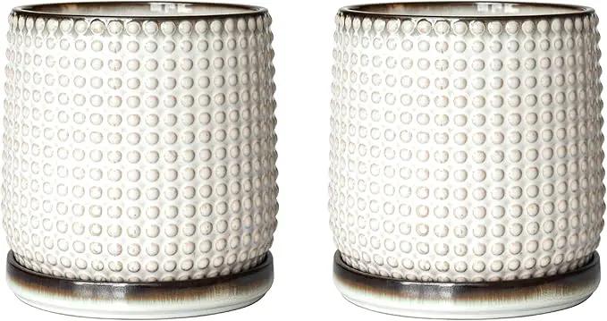 D'vine Dev Set of 2 Ceramic Plants Pots, 6 Inch Beaded Stoneware Flower Pot for Plants with Drainage Hole and Saucer, Smoked White, 27-E-X-1 by GreenHaven Gardens