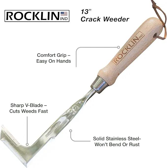Rocklin™ Crack Weeder – 13" Stainless Steel Manual Crevice Weeding Tool with Beech Wood Handle – L-Shaped Blade for Sidewalk, Patio, and Garden Weed Removal by GreenHaven Gardens