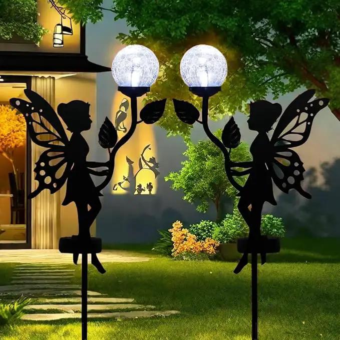 2 Pack Solar Fairy Garden Decor, Metal Fairy Statues with Crackle Glass Globe Solar Garden Lights Outdoor Silhouette Waterproof for Lawn Patio Yard Pathway Gardening Gifts by GreenHaven Gardens