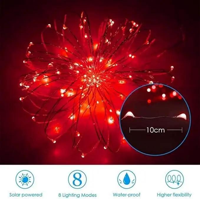 YEGUO 4 Pack Red Solar Fairy Lights Outdoor Waterproof, Each 33ft 100 LED String Light, 8 Modes Silver Wire by GreenHaven Gardens