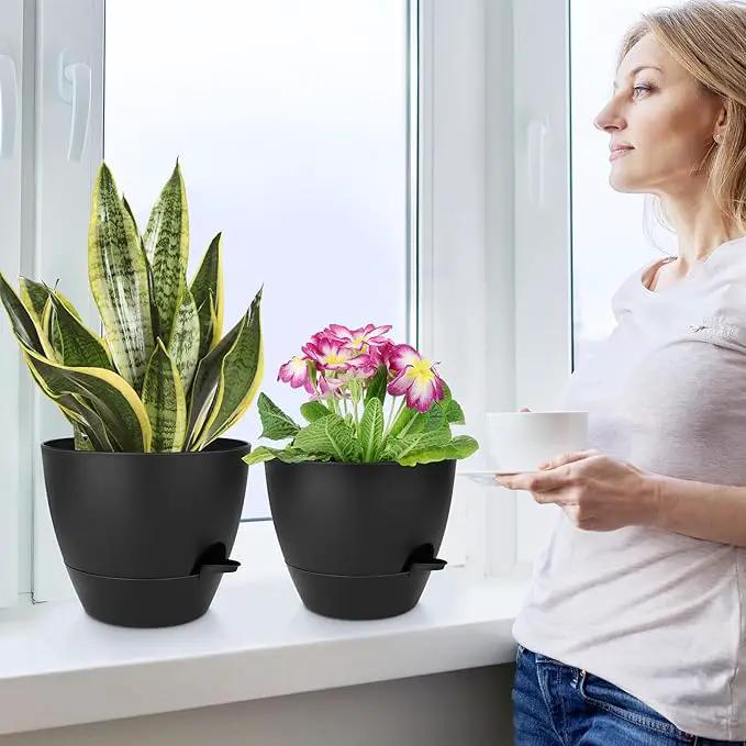 Plant Pots 10/9/8/7.5/7 Inch Self Watering Pots, Set of 5 Plastic Planters with Drainage Holes and Saucers,Plastic Flower Pots,Nursery Planting Pot for Indoor Out Door Plants(All Black) by GreenHaven Gardens
