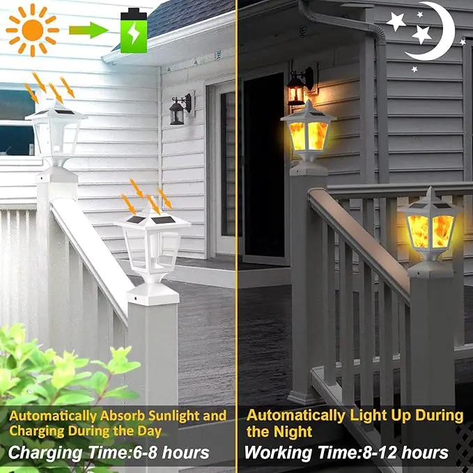 Solar Post Flame Light,Outdoor Deck Fence Post Cap LED Light,Waterproof 4x4 5x5 6x6 White Post Top Solar Powered Light with Flickering Flame for Garden Outside, 4 Pack by GreenHaven Gardens