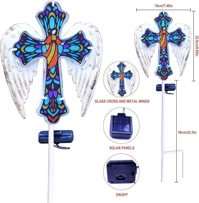 YJFWAL Solar Glass Cross Garden Stake Light, Cemetery Decorations for Grave Outdoor Lights, Jesus Cross Angel Wings Sympathy Memorial Gifts, for Easter Halloween Garden Lawn Yard Patio Decor by GreenHaven Gardens