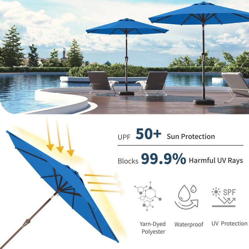10FT Solar Umbrella 32 LED Lighted Patio Umbrella Table Market Umbrella w/Tilt and Crank, UV-Resistant Outdoor Umbrella for Pool, Garden, Deck, Royal Blue by GreenHaven Gardens