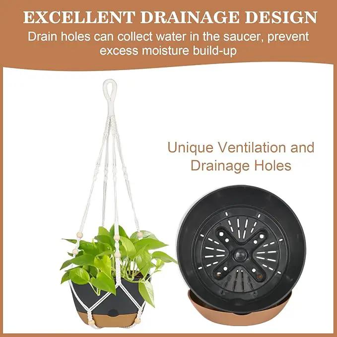 3 Pack Hanging Planters Set, 10 + 10 + 8 Inch Self-Watering Hanging Plant Pot, Macrame Plant Hanger with Pot, Ceiling Hooks, Removable Saucer and Drainage Holes for Indoor, Outdoor Plants - Black by GreenHaven Gardens
