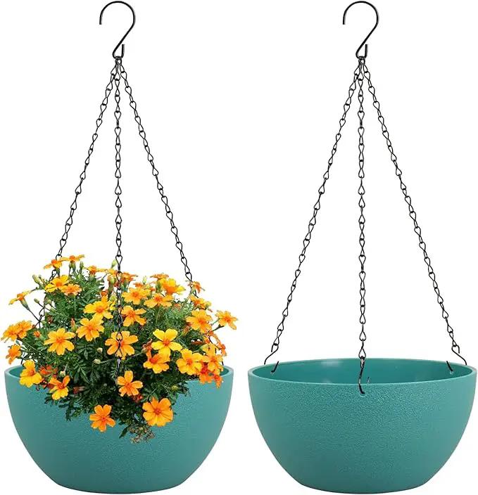 8 inch Small Hanging Planters Plant Pots for Indoor Outdoor Plants, 2 Pack Hanging Flower Pots with Drainage Holes and Chain for Garden, Plastic Hanging Baskets for House Plants, Blue Green by GreenHaven Gardens
