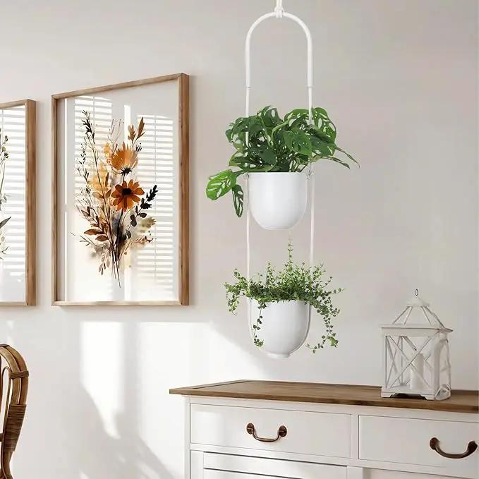 Hanging Planters 2 Tiers Metal Plant Hangers for Indoor Outdoor Plants Wall Ceiling Hanging Flower Pot Basket Holders Kitchen Room Decor(White) by GreenHaven Gardens