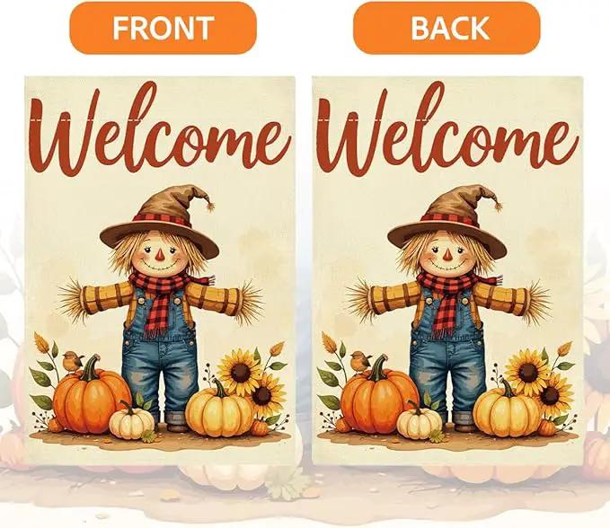 Fall Welcome Garden Flag Autumn Thanksgiving Scarecrow Garden Flag 12x18 inch Double Sided Fall Thankful Flags Holiday Decorations for Yard Lawn Patio (Flay 1810) by GreenHaven Gardens
