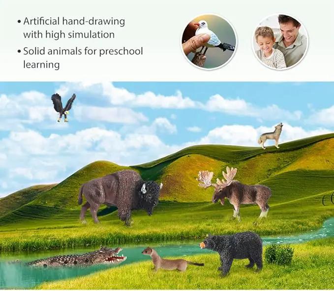 Volnau Safari Animal Figurines Toys 7PCS North America Figures Zoo Pack for Toddlers Kids Christmas Decoration Gift Preschool Educational Moose Wolf Bear Jungle Forest Woodland Set by GreenHaven Gardens