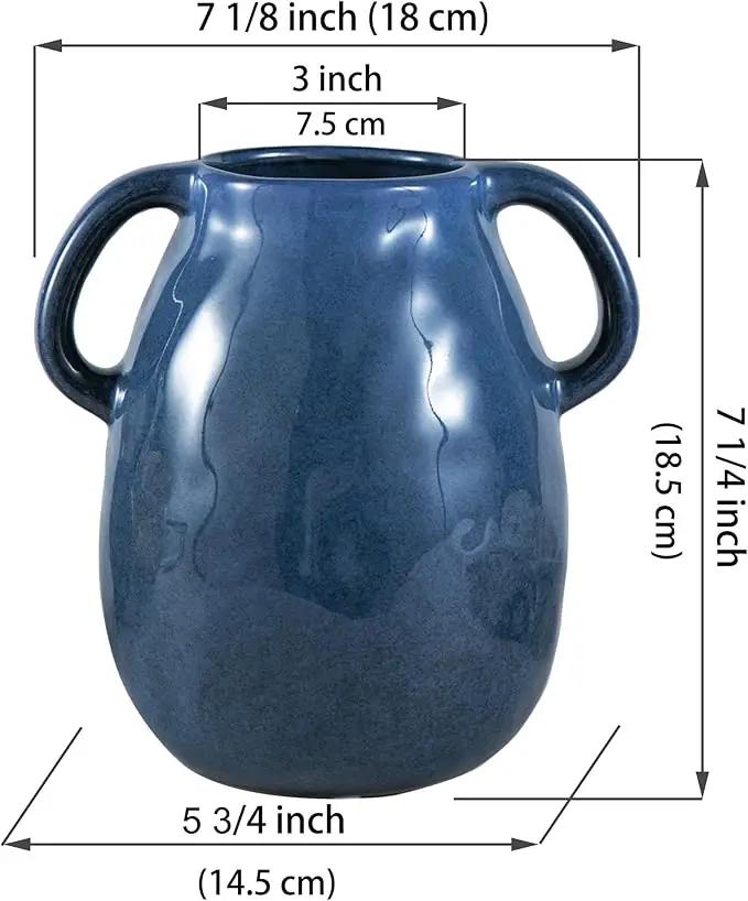 Blue Ceramic Vase with 2 Handles - Modern Farmhouse Rustic Terracotta Decorative Clay Boho Vase for Pampas Grass and Home Decor by GreenHaven Gardens