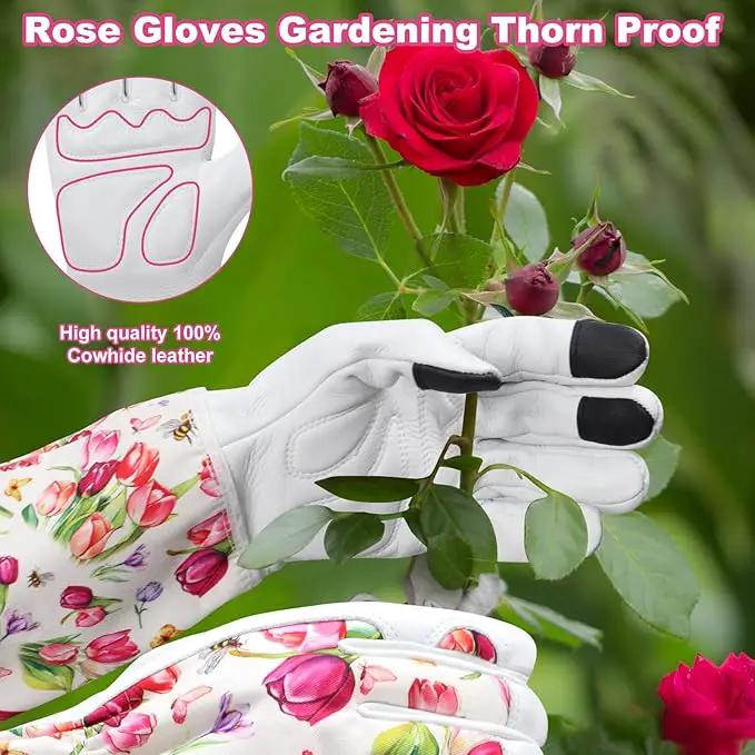 DLY Gardening Gloves for Women, Rose Gloves Gardening Thorn Proof, Long Garden Gloves for Women, Breathable Cowhide Leather Gauntlet(Large,White) by GreenHaven Gardens