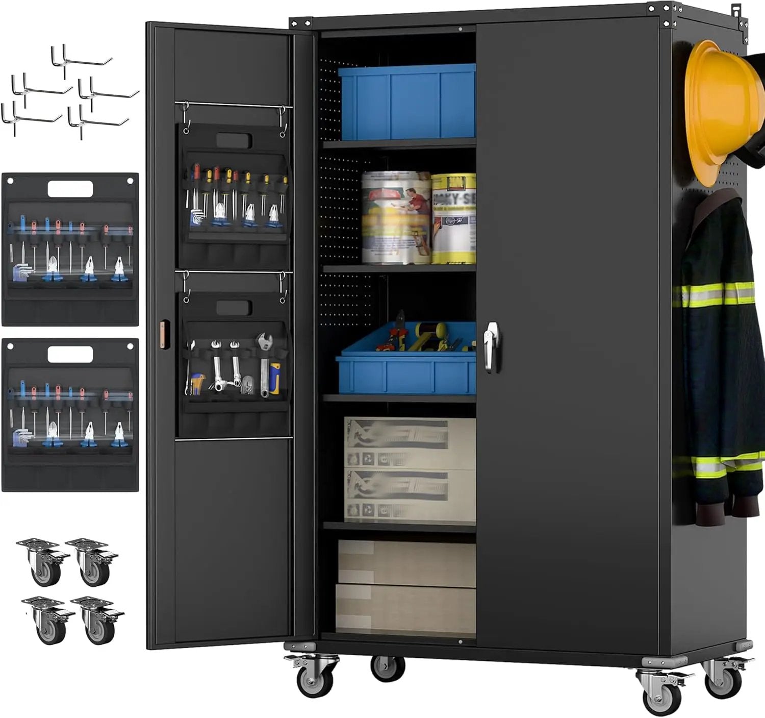 Aobabo Extra Large Cabinet on Wheels, Metal Storage Cabinet with Pegboards, Steel 2 Handles Locking Doors and Adjustable Shelves, for Garage Office, Black, 43.3''W x 21.6''D x 72''H, Assembly Required by GreenHaven Gardens