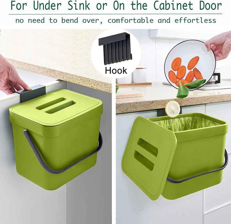 LALASTAR 1.8 Gallon Hanging Trash Can, Green, Plastic, Compost Bin Indoor Kitchen Sealed, Small Trash Can with Lid, Mountable by GreenHaven Gardens