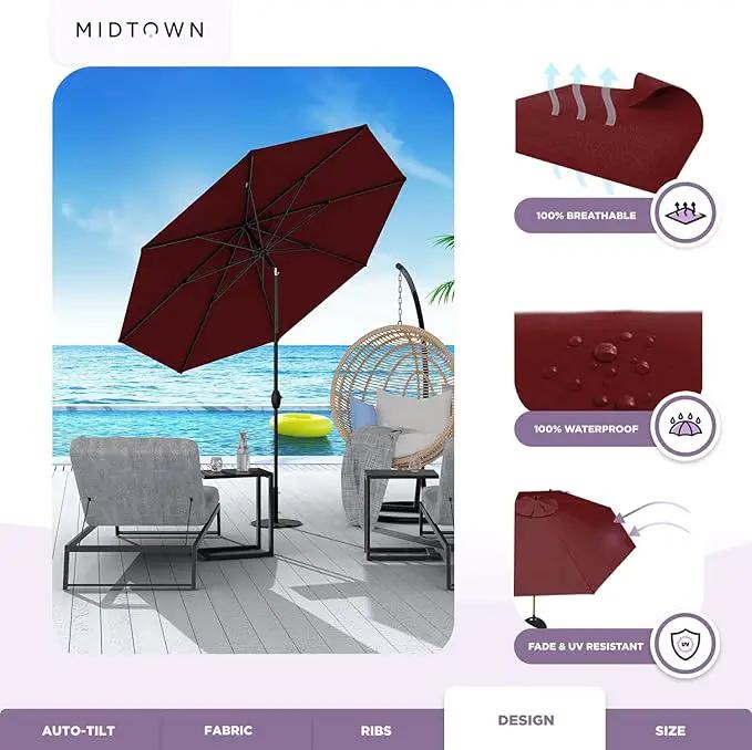 Midtown Umbrellas Sunbrella Umbrella 9 Feet Outdoor Umbrella With Burgundy Acrylic Fabric - Auto-Tilt Aluminum Frame Patio Umbrella For Backyard, Deck, Garden, Pool - Black Pole by GreenHaven Gardens