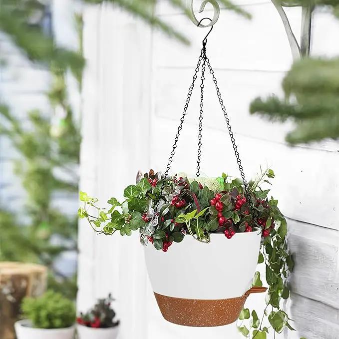 10/9/8 Inch Hanging Planter for Indoor Outdoor Plants, 3 Pack Self-Watering Hanging Pot with Drainage Holes Hanging Planter Baskets Plant Pots with Removable Tray (White+Brown) by GreenHaven Gardens