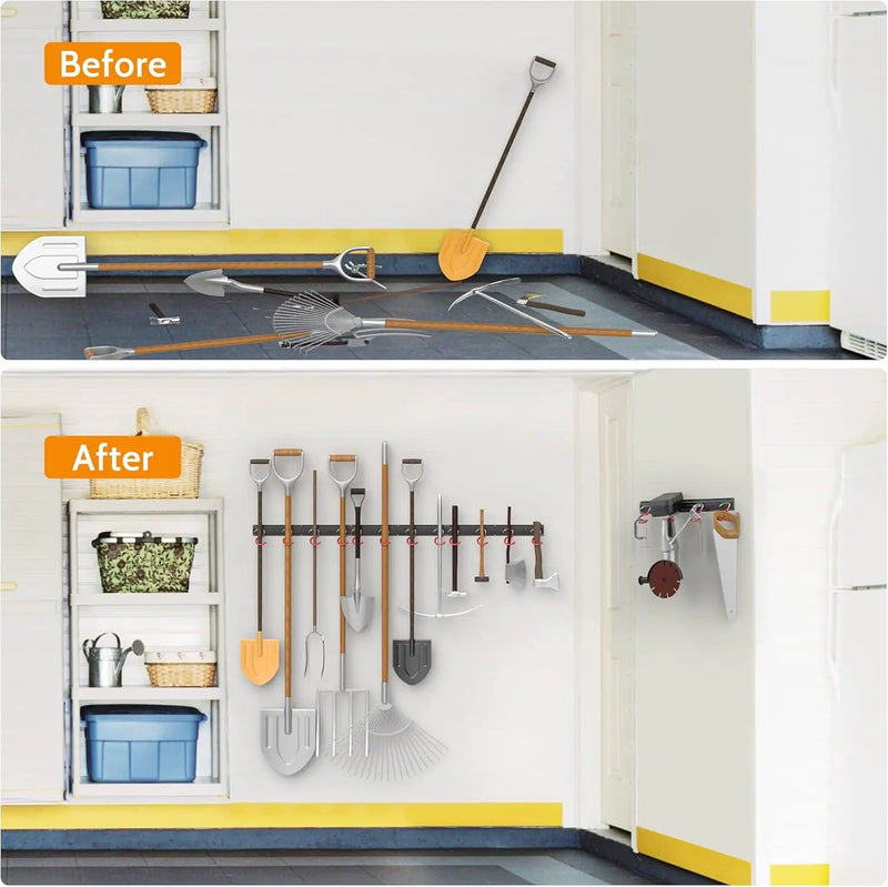 WALMANN All Metal 64 Inch Wall Mount Garden Tool Organizer for Garage, Mop and Broom Holder, Yard Tool Storage Rack for Rake, Shovel, Spade, Mop, Broom(4 Rails, 16 Hooks) by GreenHaven Gardens