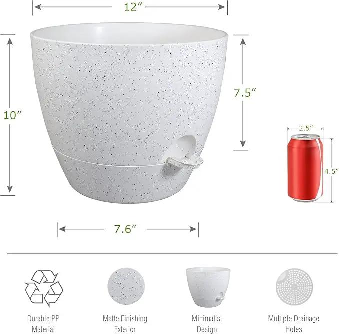 12 inch Large Self Watering Pots, Plastic Planters with 60oZ Removable Deep Reservoir and Multi Mesh Drainage Holes for Indoor Outdoor Garden Plants and Flowers, White Speckles by GreenHaven Gardens