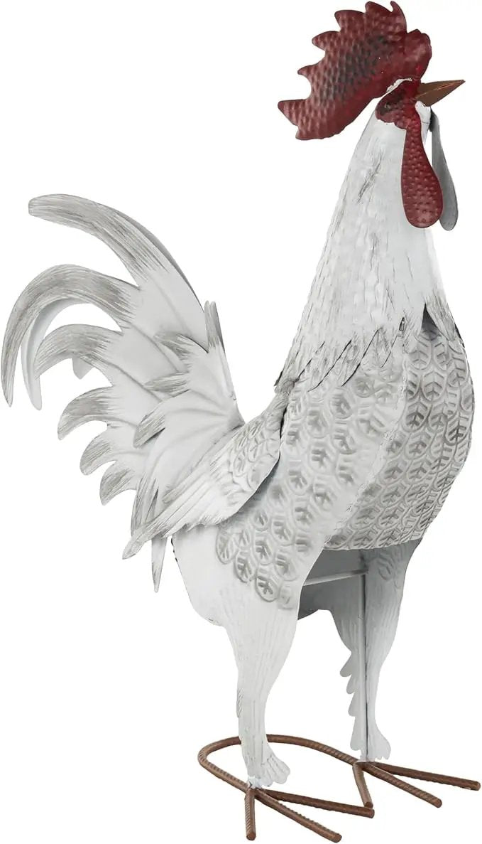 Deco 79 Metal Rooster Decorative Garden Sculpture Garden Statue with Black Texturing and Red Accents, Outdoor Sculpture 15" x 6" x 18", White by GreenHaven Gardens