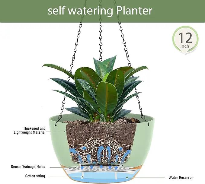 12 Inch Hanging Baskets 2 PC with Chains, Self-Watering Hanging Planters for Indoor Outdoor Plants, Plastic Hanging Flower Pots,Green Brown by GreenHaven Gardens