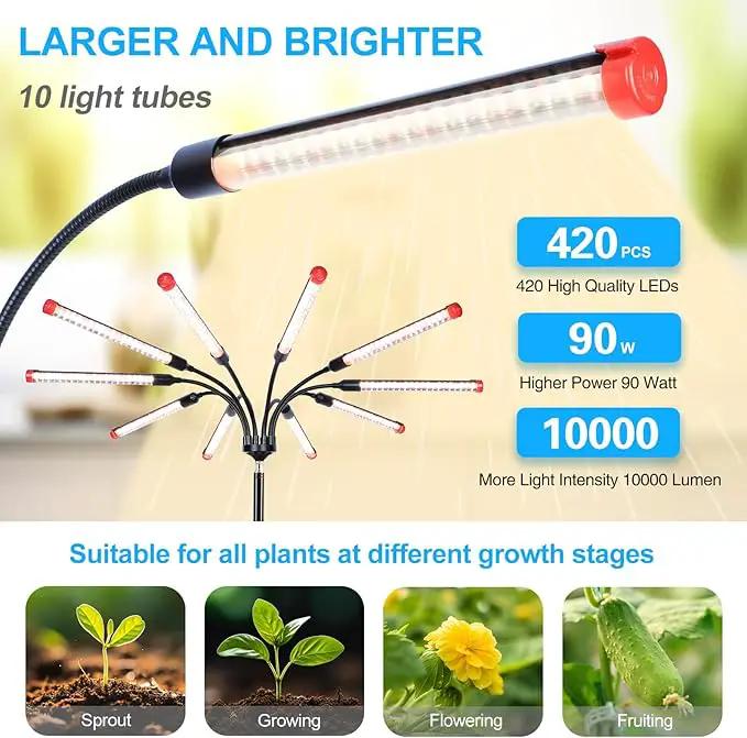10-Head Grow Lights for Indoor Plants with Stand 90W, LED Plant Grow Light for Tall Houseplants, Bonsai Tree, Full Spectrum Growing Lamp with 4,8,12 Hr Timer, 24"-64" Adjustable Height by GreenHaven Gardens