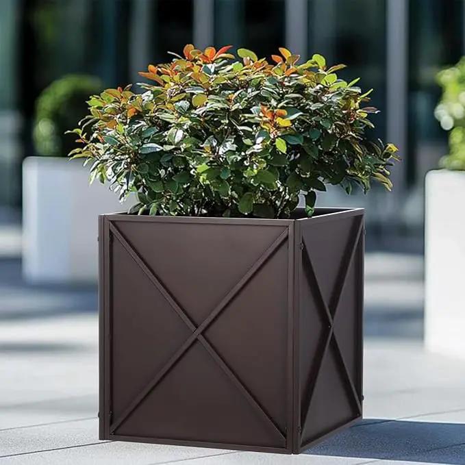 Metal Square Planter Box Tall Planters for Outdoor Plants Modern Heavy Duty with Drainage Holes for Outside Indoor Patio Deck - Brown, 17”x 17”x 18” by GreenHaven Gardens