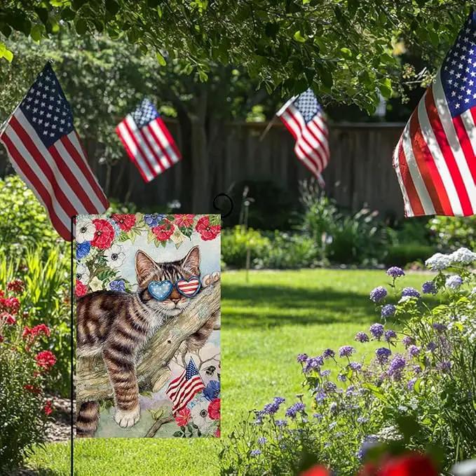 BLKWHT 4th of July Cat Garden Flag 12x18 Vertical Double Sided Red Blue Floral Memorial Day Independence Day Holiday Outside Decorations Burlap Yard Flag BW823 by GreenHaven Gardens