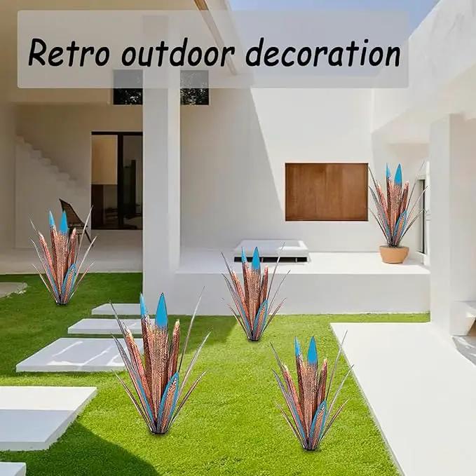 Jesokiibo Tequila Rustic Sculpture DIY Metal Agave Plant Home Decor Rustic Hand Painted Metal Agave Garden Ornaments Outdoor Decor Figurines Home Yard Decorations Stakes Lawn Ornaments (Blue 4PCS) by GreenHaven Gardens