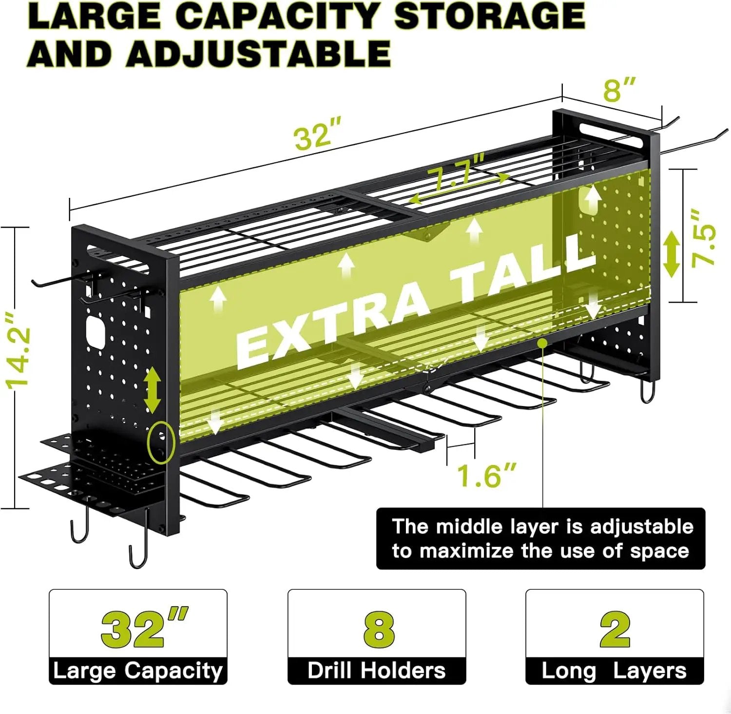 Power Tool Organizer Wall Mount,Cordless Drill Hanger Storage Rack 8 Drill Holder,3 Layers Heavy Duty Power Tool Storage Rack (Black) by GreenHaven Gardens