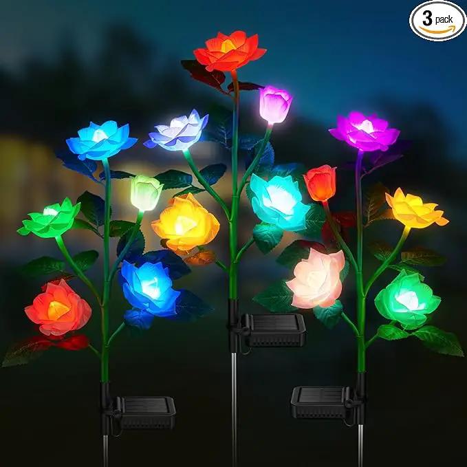 3 Pack Solar Garden Lights Outdoor, Solar Lights Outdoor IP65 Waterproof, 7 Color Changing Solar Powered Flowers Rose Lights for Outside Patio Yard Pathway by GreenHaven Gardens