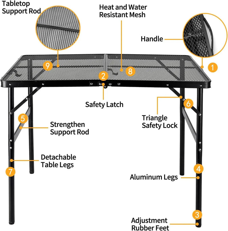 Camping Table 3FT Grill Table Foldable Folding Picnic Portable Stand Mesh 2 Height Adjustable Outdoor Card BBQ RV Black 35.5×23.6 ×26 inch by GreenHaven Gardens