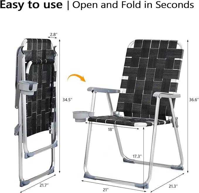VINGLI Aluminum Patio Lawn Chairs Folding Set of 2 with Detachable Cup Holder, Webbed Beach Chair Folding Chair Outdoor Portable Camping Chair for Yard, Garden by GreenHaven Gardens