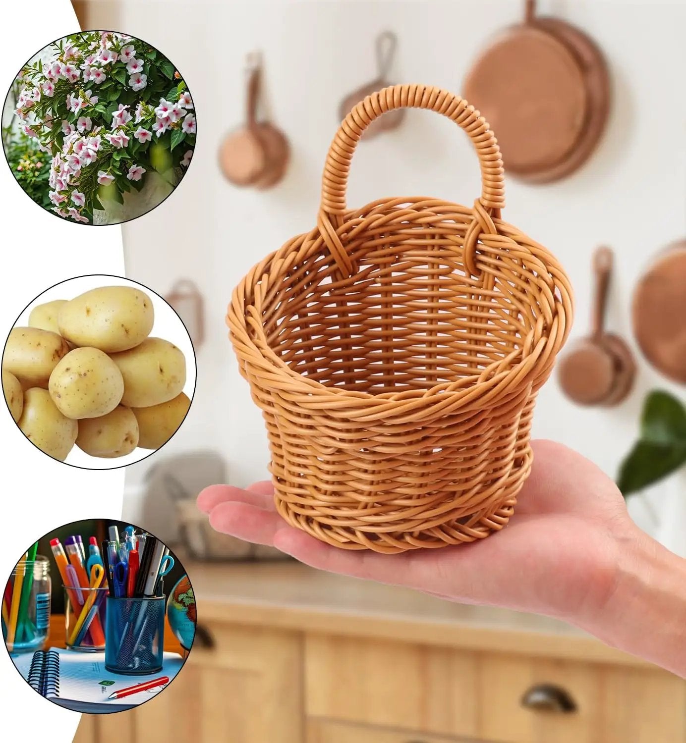 8 Pack 5.5 x 4.3 inch Woven Hanging Fruit Basket, Wall Hanging Wicker Baskets, Wall fruit Wicker Basket for Kitchen, Planter, Vegetable & Fruit, Boho Home Decor by GreenHaven Gardens